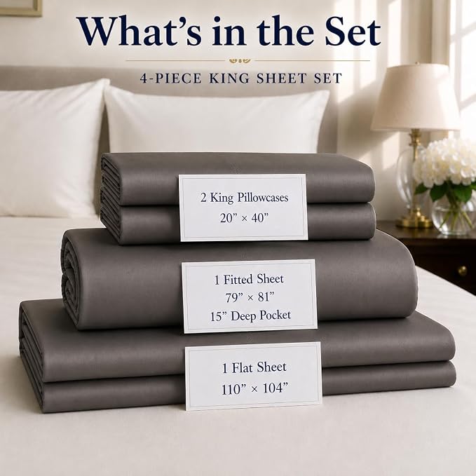 King Sheet Set, 800TC Egyptian Cotton King Size Bed Sheets - Granite Grey | 15" Deep Pocket, Super Soft, Luxury Sateen Weave, Breathable Cotton Sheets King Size for Hotel-Quality Comfort Every Night