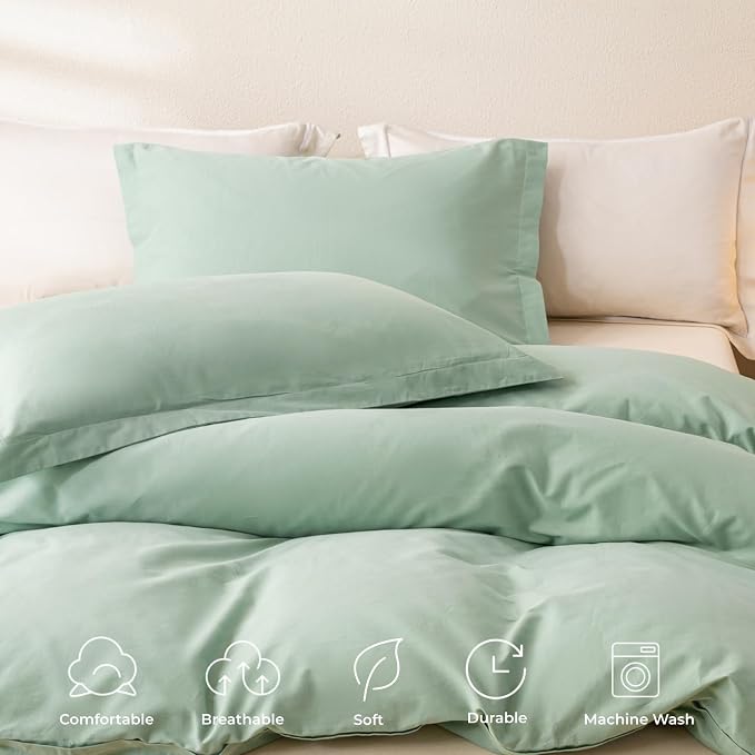 OAITE Duvet Cover Set 100% Washed Cotton Solid 3pcs | Soft,Durable,Long-staple Cotton,Hidden Zipper with 8 Interior Corner Ties,2 Pillowcases