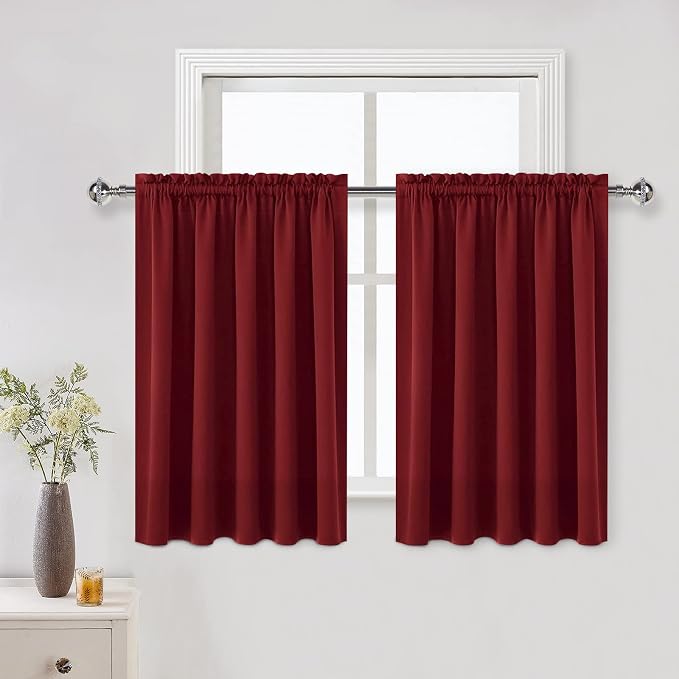 DWCN Short Blackout Curtains 60 x 36 Inch Long for Kitchen RV Bunk Burgundy | 2 Panels Set, Kitchen Window Curtains Over Sink, Thermal Insulated, Light Blocking, Rod Pocket Drapes for Small Window