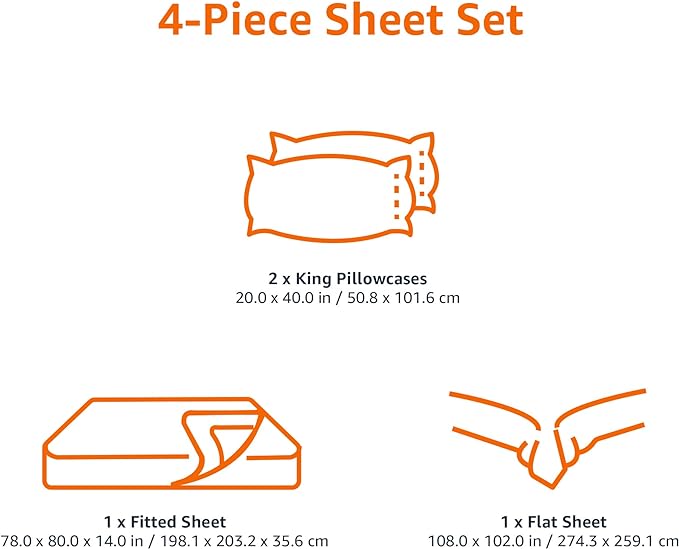 Amazon Basics Breathable, Machine Washable, Wrinkle Resistant Microfiber 4-Piece Bed Sheet Set with 14-Inch Deep Pockets, King, Bright White, Solid