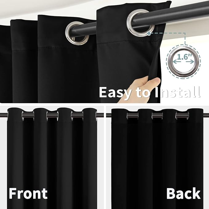 BGment Thermal Insulated 100% Blackout Curtains for Bedroom with Black Liner, Double Layer Full Room Darkening Noise Reducing Grommet Curtain (46 x 90 Inch, Black, 2 Panels)