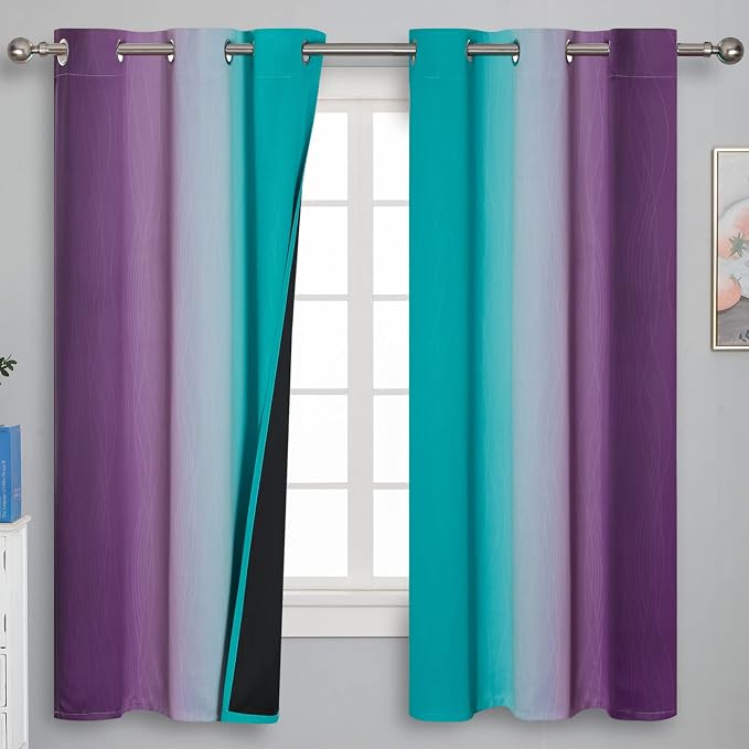 Ombre Teal and Purple Blackout Curtains for Kids Bedroom | Room Darkening Thermal Insulated Gradient Curtains, Full Light Blocking Grommet Drapes for Living Room,42Wx63L Inch, 2 Panels
