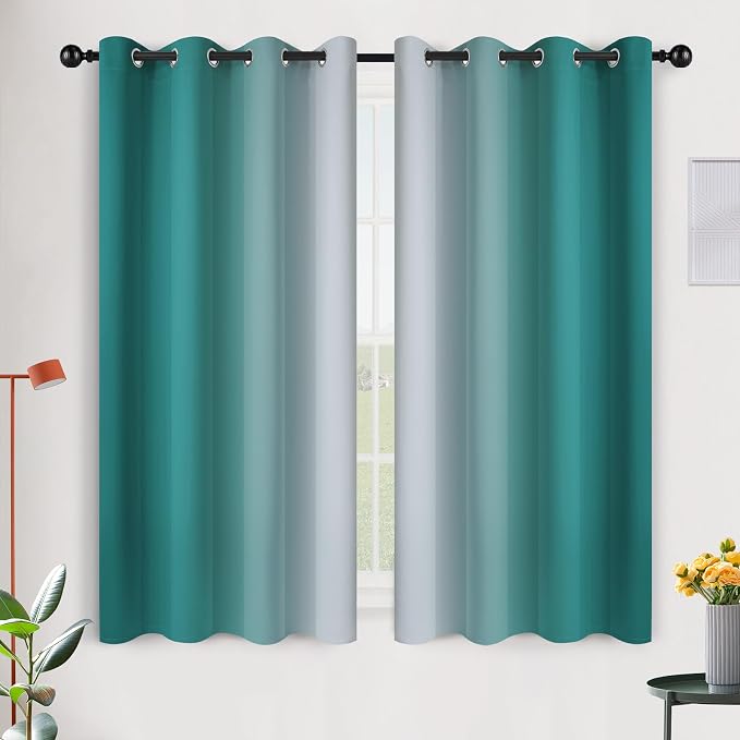 SimpleHome Ombre Teal to Grey White Curtains for Living Room 52Wx54L | Room Darkening Curtains for Bedroom,Gradient Light Blocking Curtain,Thermal Insulated Grommet Window Drapes,2 Panels,54 Inch