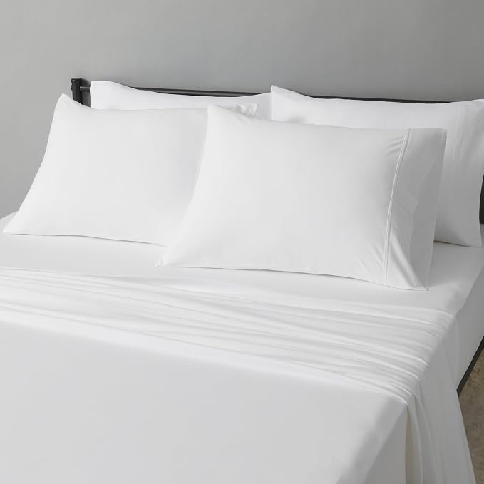 Amazon Basics 100% Cotton Jersey Bed Sheet Set, Breathable, Machine Washable, All-Season, King, White, Solid