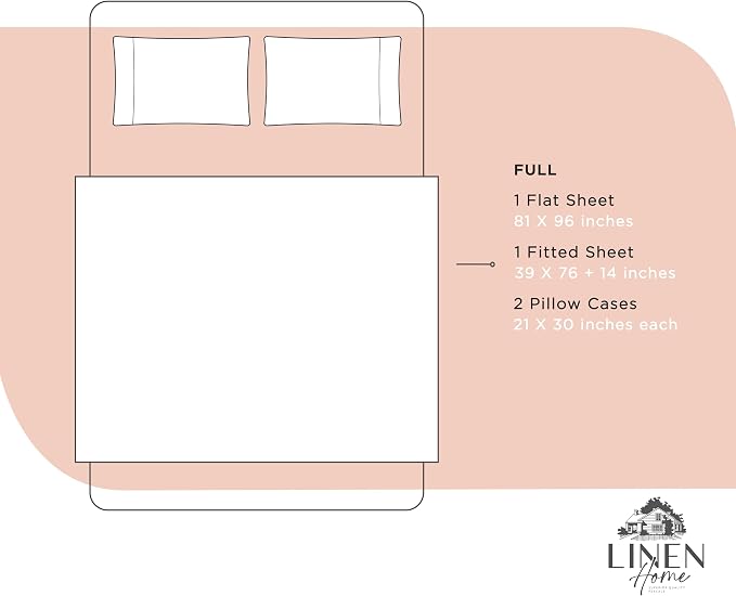 Linen Home 100% Cotton Percale Sheets Full Size, Brushed Rose, Deep Pocket, 4 Pieces Set - 1 Flat, 1 Deep Pocket Fitted Sheet and 2 Pillowcases, Crisp Cool and Strong Bed Linen