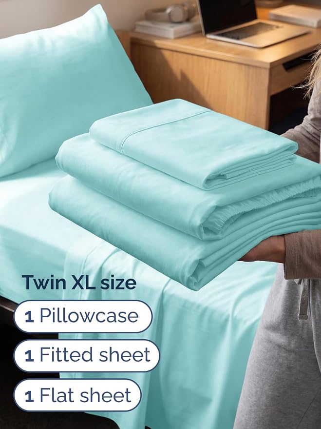 Extra Deep Twin XL Sheet Set - 3 Piece College Dorm Room - Spa Blue | Soft, Breathable & Cooling, Easily Fits 18 to 24 inch Mattress, Wrinkle Free & Fade Resistant with Extra Deep Pockets