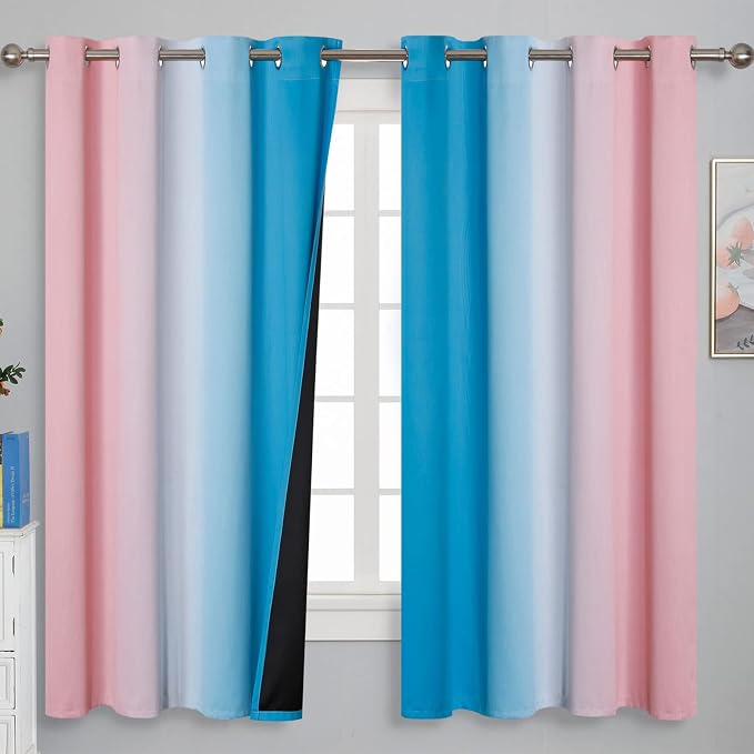Pink and Blue Ombre Curtains for Bedroom 63 Inch Long | Room Darkening Curtains for Living Room,Wave Line Pattern,Thermal Insulated,Light Blocking Grommet Drapes,52x63 Inch,2 Panels