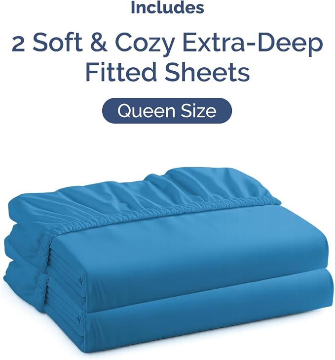 2 Pack Extra Deep Queen Fitted Sheets with Extra Deep Pockets - Denim Blue | Hotel Luxury Bottom Fitted Sheets Only, Soft, Fade & Wrinkle Free, Breathable & Comfy, All Around Elastic Fitted Sheets