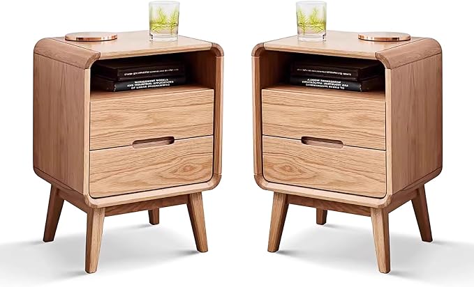 Solid Wood Nightstand Set of 2, Mid Century Modern Nightstands, Small Nightstand with 2 Drawers and Open Storage, Small Bedside Table for Bedroom, Living Room, Dormitory(Natural Wood Color)