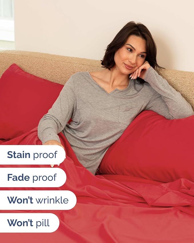 Flex Top Split Head King 6 Piece Sheet Set - Breathable & Cooling - Red | Ultra Soft Hotel Luxury Bedding Set w/ 8-16 Inch Deep Pockets, 1 Flat & 1 Split-Head Fitted Sheet & 4 Pillowcases, Fade Free