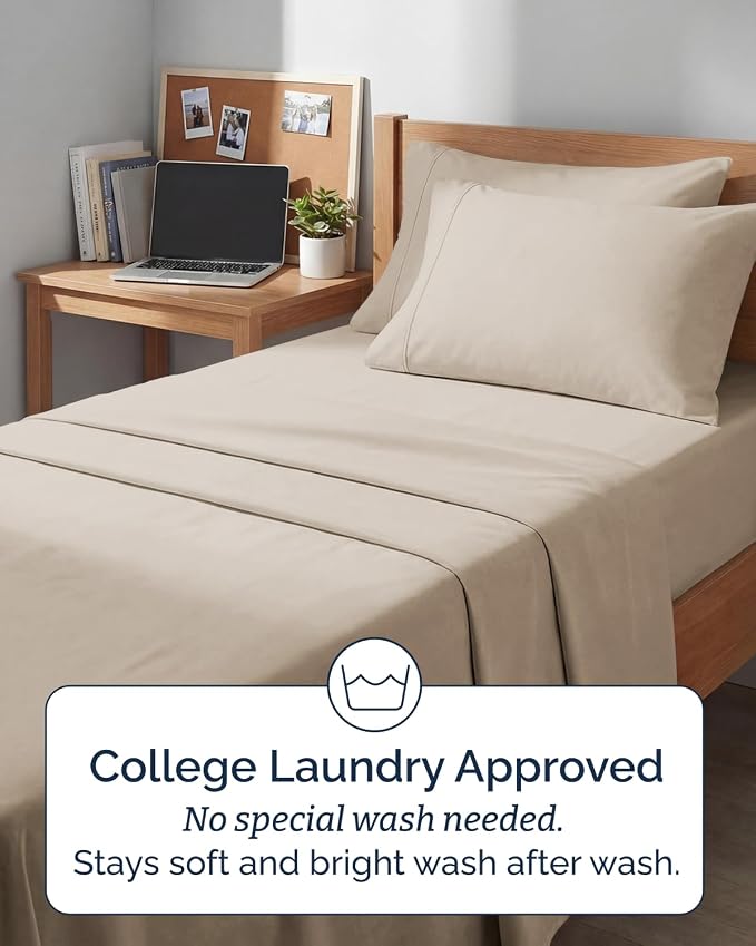 Extra Deep Twin XL Sheet Set - 4 Piece College Dorm Room - Wheat | College Dorm Room Essentials, Easy & Secure Fit, Ultra-Soft, Wrinkle & Fade Free, Comfy Sheets Set with Extra Deep Pockets