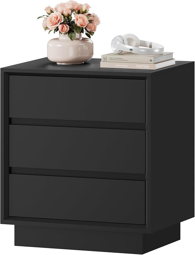 TEENFON Night Stand with 3 Drawers, Nightstand Side Table with Cut-Out Handle, Bedside End Table for Bedroom, Black, 17.7″ L × 15.7″ W × 23.6″ H