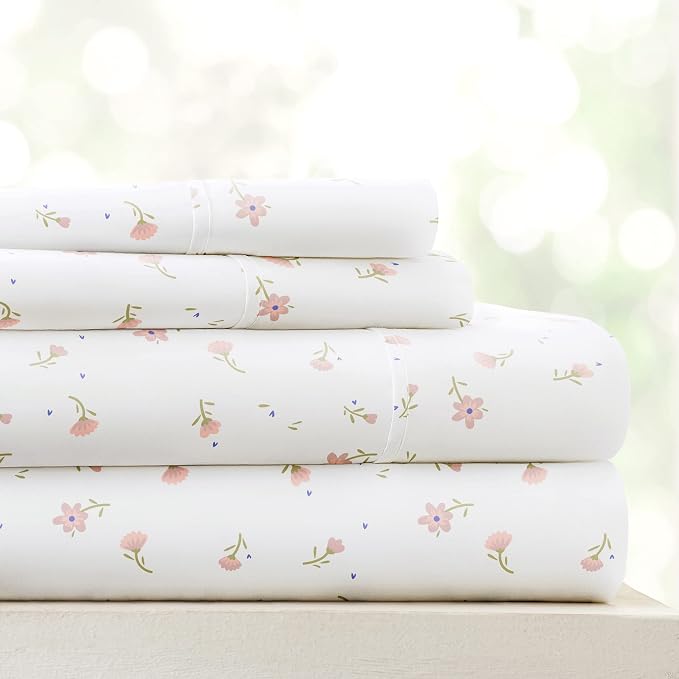 Linen Market Double-Brushed Patterned Microfiber Full Sheet Set 4 Piece – Oeko-TEX Certified Ultra Soft & Wrinkle-Free - 16" Deep Pocket Sheets - Easy Care Full Size - Soft Floral Pink