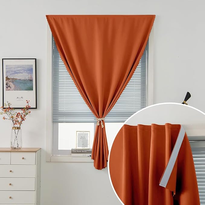 Thermal Blackout Curtains with Self-Adhesive Tape, No Rod No Drill Easy Install Window Cover for Bedroom Kitchen Dorm, 71" W x 59" L, Orange, 1 Panel