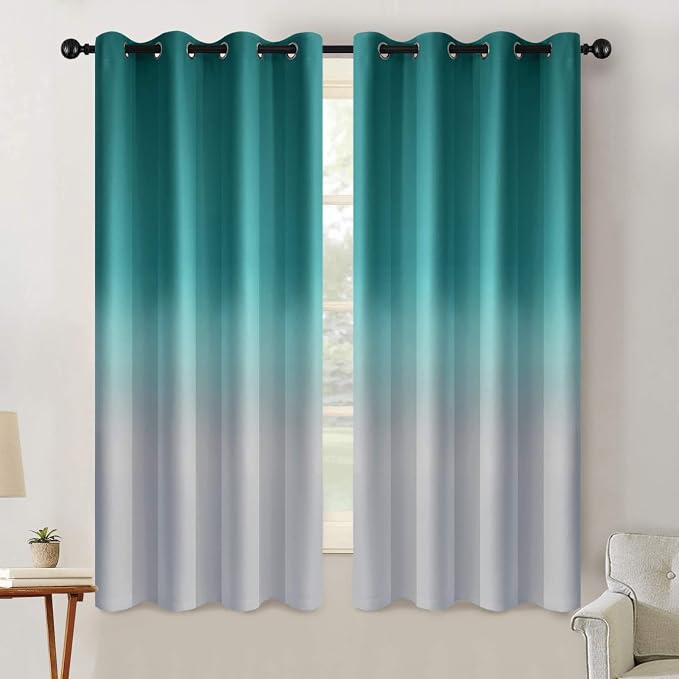 SimpleHome Teal to Grey White Ombre Room Darkening Curtains 63 Inch | Curtains for Living Room,Light Blocking Thick Thermal Insulated Grommet Window Curtains Drapes for Bedroom, 2 Panels,52Wx63L