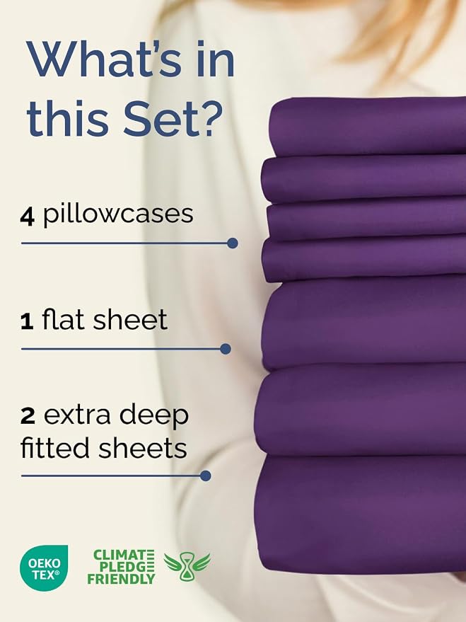 Extra Deep Split King Sheet Set - 7 Piece Breathable & Cooling - Purple | Hotel Luxury Bed Sheets Set, Easy & Secure Fit, Ultra-Soft, Wrinkle & Fade Free, Comfy Sheets Set with Extra Deep Pockets