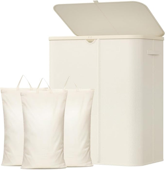Lifewit 185L 3 Section Laundry Hamper with Lid, Laundry Basket, White | Large Foldable Laundry Sorter with 3 Removable Bags, Tall Clothes Hamper for Bedroom and Bathroom