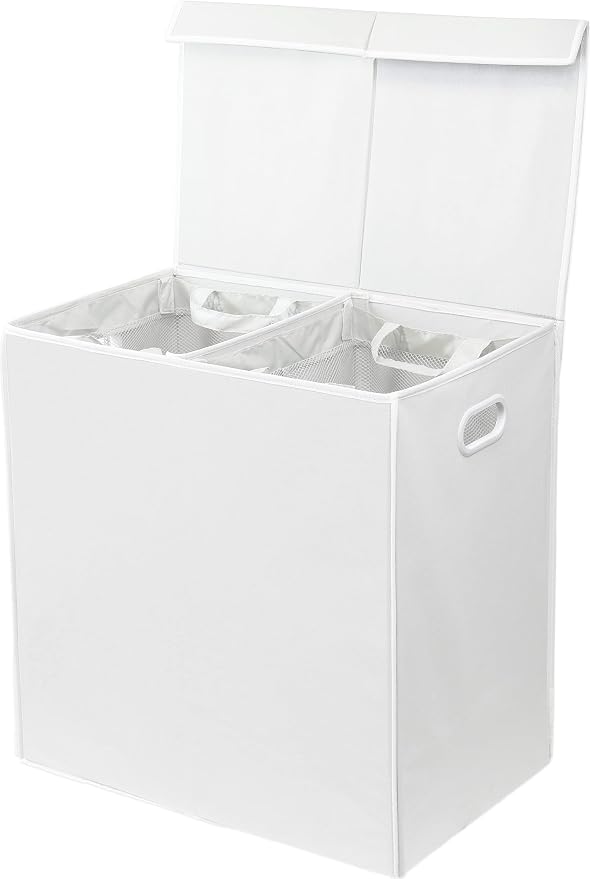 Simple Houseware Double Laundry Hamper with Lid & Removable Bags, White | with Handles for Bedroom, Laundry Room, Bathroom