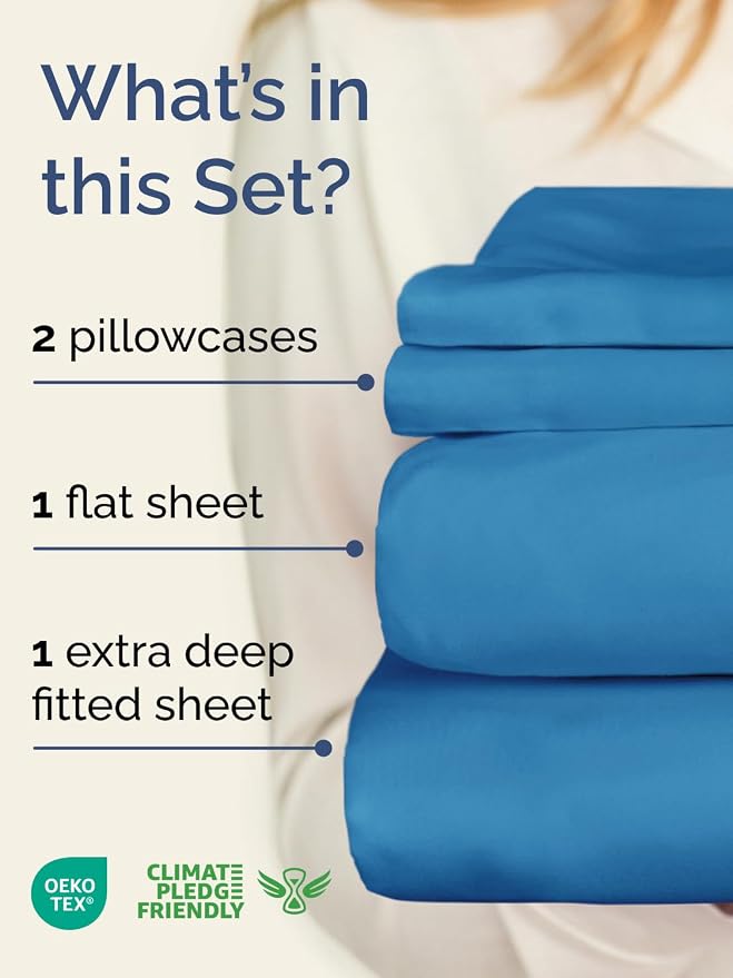 Extra Deep Twin Sheet Set - 4 Piece Breathable Cooling Sheets - Denim Blue | Hotel Luxury Bed Sheets Set, Easy & Secure Fit, Ultra-Soft, Wrinkle & Fade Free, Comfy Sheets Set with Extra Deep Pockets