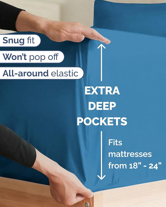 Extra Deep Twin XL Sheet Set - 4 Piece College Dorm Room - Denim Blue | College Dorm Room Essentials, Easy & Secure Fit, Ultra-Soft, Wrinkle & Fade Free, Comfy Sheets Set with Extra Deep Pockets