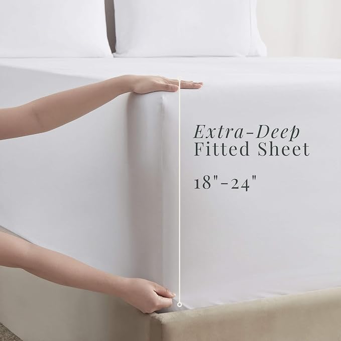 Hearth & Harbor Extra Deep Pocket Queen Sheets Sets - Fits Mattress 18-24 Inches Deep - Extra Deep Pocket Sheets - 6 Piece Queen Size - White
