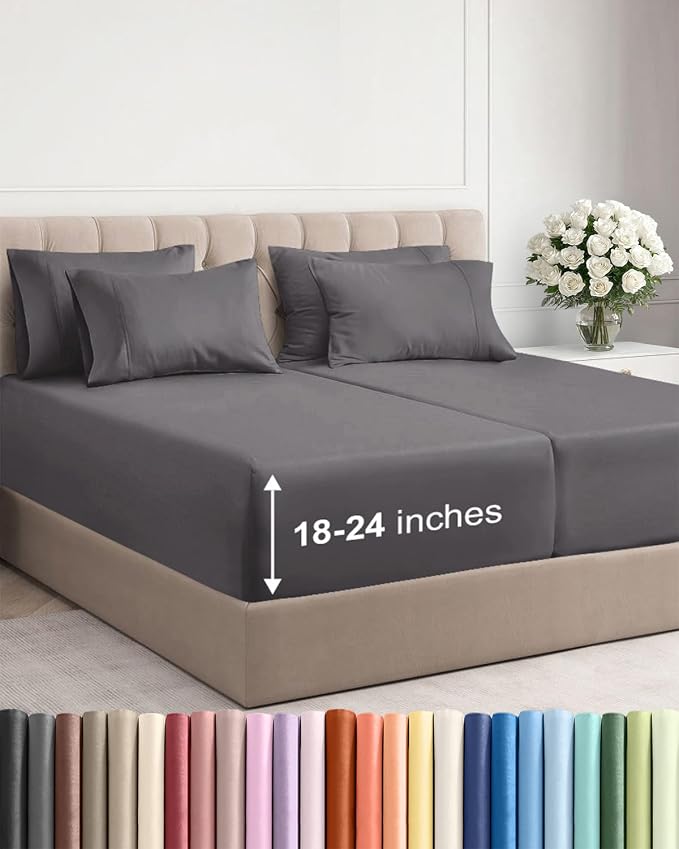 Extra Deep Split King Sheet Set - 7 Piece Breathable & Cooling - Dark Grey | Hotel Luxury Bed Sheets Set, Easy & Secure Fit, Ultra-Soft, Wrinkle & Fade Free, Comfy Sheets Set with Extra Deep Pockets
