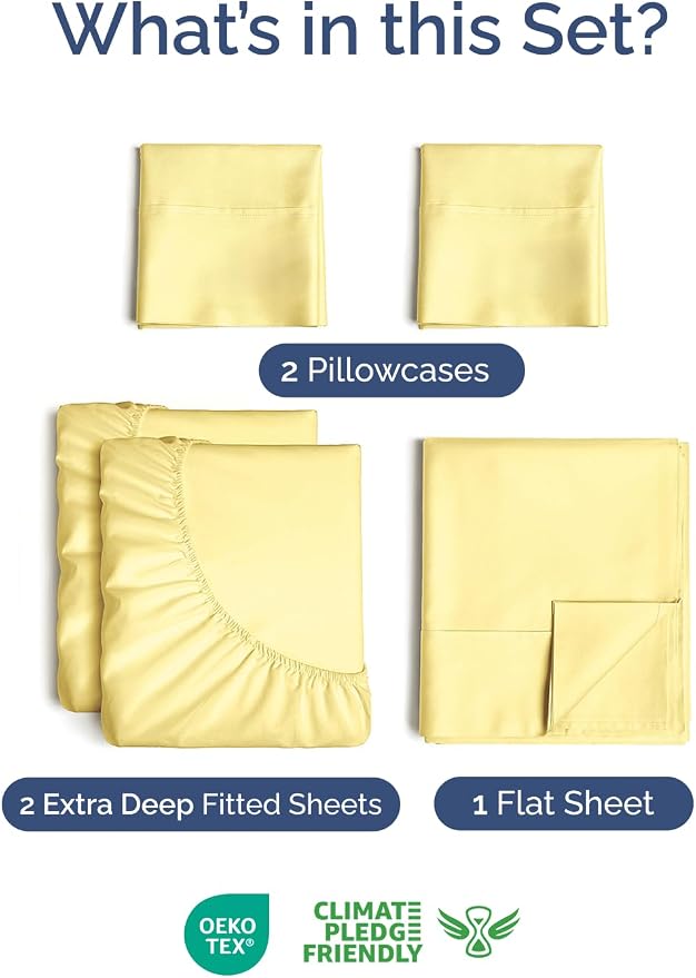 Extra Deep Split King Sheet Set - 5 Piece Soft & Cooling Sheets - Yellow | Easily Fits 18 to 24 inch Mattress - Ultra Soft, Wrinkle & Fade Free with Extra Deep Pockets - Comfy Hotel Luxury Bedding