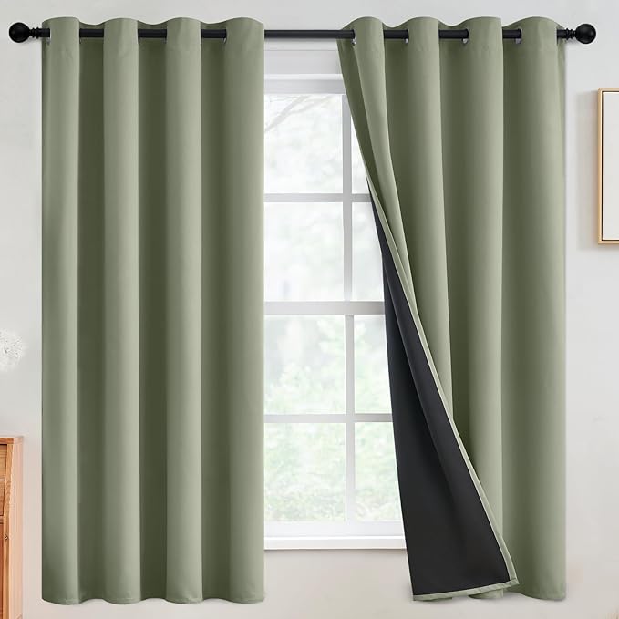 SimpleHome Light Sage 100% Blackout Curtains Room Darkening Living Room 63 | Curtains for Bedroom,Thermal Insulated Grommet Window Drapes,Curtains for Living Room with Black Back,52 x 63 Inch,2 Panels