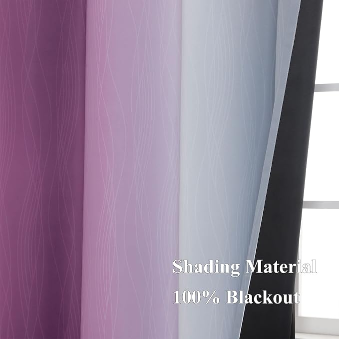 Purple and Grey Ombre Blackout Curtains for Bedroom 52Wx72L Inch 2 Panels | Estelar Textiler Light Blocking,Room Darkening,Thermal Insulated Grommet Drapes with Wavy Line Pattern for Kids Living Room