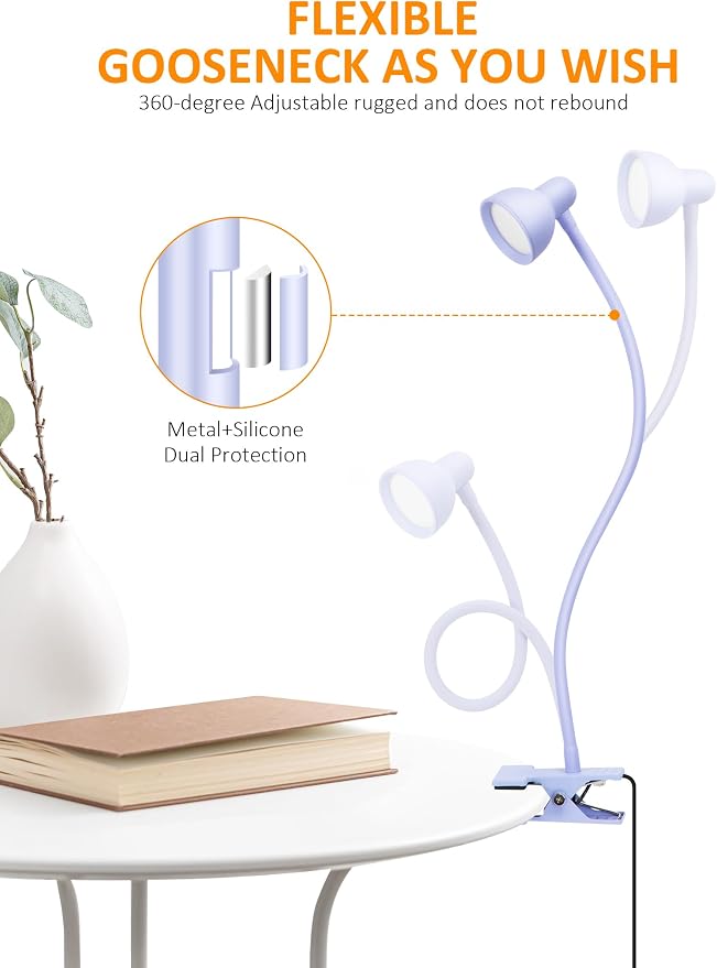 LiFMIRA Desk Lamp Clip on Lamp for Bed, LED Reading Light for Bed Purple | 3 Colors 10 Dimmable Brightness, LED Book Light for Reading in Bed Flexible Clip on Light Clamp Lamp for Bed Headboard Desk