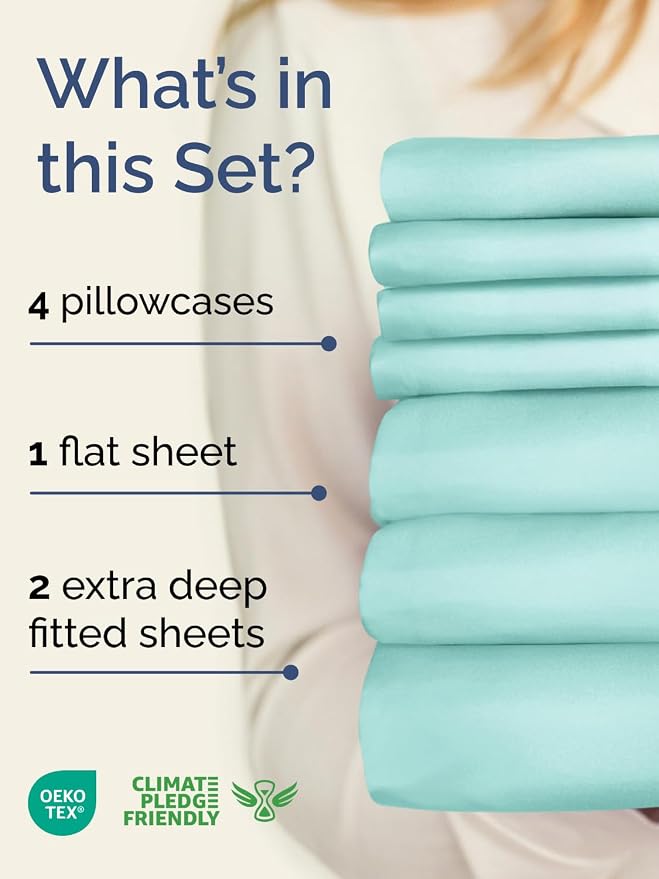 Extra Deep Split King Sheet Set - 7 Piece Breathable & Cooling - Spa Blue | Hotel Luxury Bed Sheets Set, Easy & Secure Fit, Ultra-Soft, Wrinkle & Fade Free, Comfy Sheets Set with Extra Deep Pockets