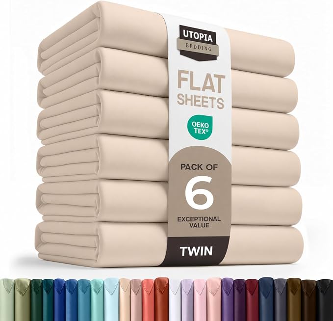 Twin Size Flat Sheet Only Pack of 6, Ultra Soft Hotel Sheets, Beige | Hotel Bedding, Cooling Comfort, Smooth Feel, Wrinkle & Fade Resistant, Easy Care, Long-Lasting, Machine Washable, OEKO-TEX