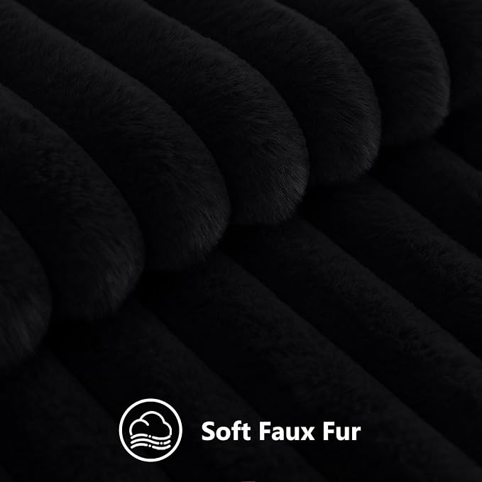 decorUhome Fall Faux Fur Throw Pillow Covers 12x20 Set of 2 Black | Decorative Soft Cozy Striped Plush Modern Farmhouse Boho Couch Pillow Cases Velvet Back for Sofa Bed Living Room Home Decor