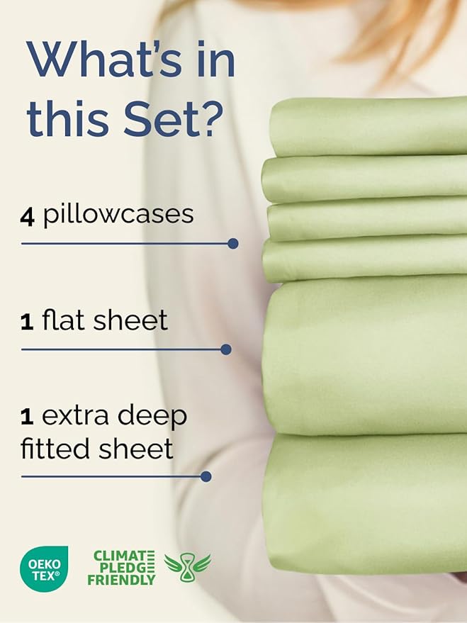 Extra Deep Queen Sheet Set - 6 Piece Cooling Bed Sheets - Light Sage Green | Hotel Luxury Bed Sheets Set, Easy & Secure Fit, Ultra-Soft, Wrinkle & Fade Free, Comfy Sheets Set with Extra Deep Pockets