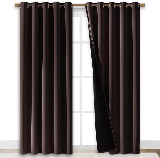 NICETOWN 100% Blackout Window Curtain Panels, Brown, 2 PCs, 62" Wide Each Panel, Cold and Full Light Blocking Drapes with Black Liner for Nursery, 84 inches Drop Thermal Insulated Draperies