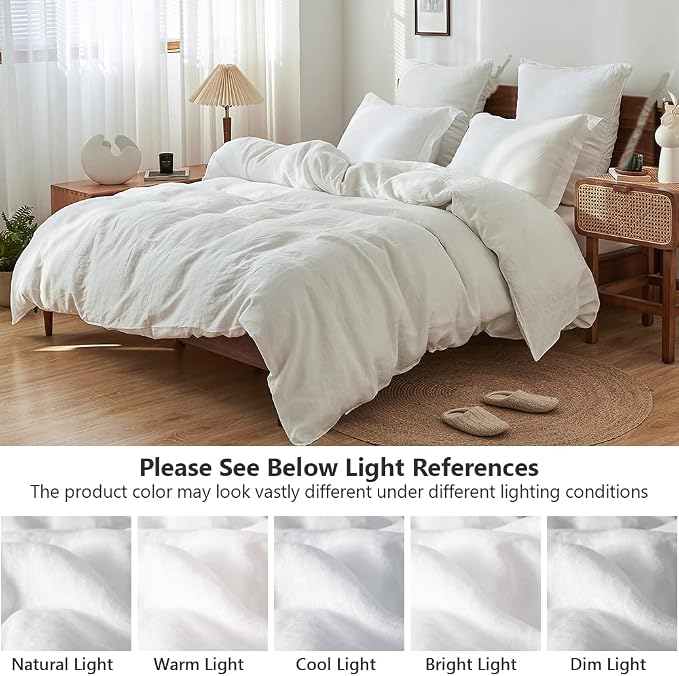 Simple&Opulence 100% Washed Linen Duvet Cover Set 5pcs(1 Duvet Cover& 2 Shams& 2 Pillowcases) Basic Style Natural French Flax Soft Breathable Farmhouse Bedding (King, White)