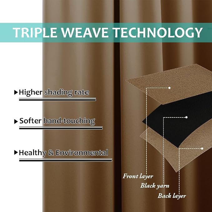 NICETOWN Full Shading Curtains for Windows, Gold Brown, Pack of 2, 52 inches W x 95 inches L, Super Heavy-Duty Black Lined Blackout Curtains for Bedroom, Privacy Assured Window Treatment