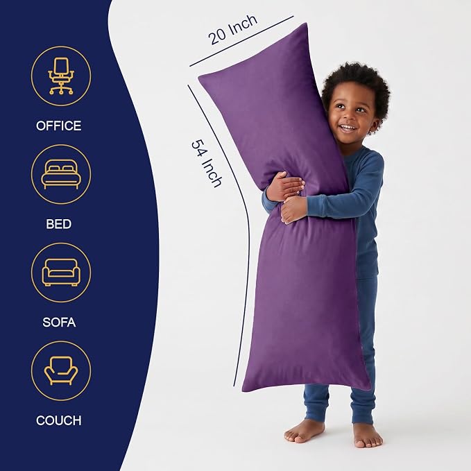 DOWNCOOL Large Body Pillow Insert- Breathable Full Body Pillow for Side Sleeper - Soft Long Bed Pillow for Adults - 20 x 54 inch (Purple)