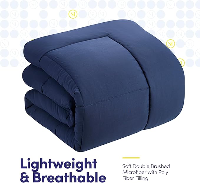 Sweet Home Collection 7 Piece Comforter Set Bag Solid Color All Season Soft Down Alternative Blanket & Luxurious Microfiber Bed Sheets, Navy, Queen