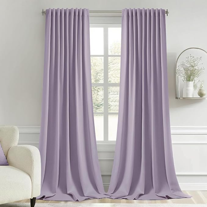 MIULEE Lilac Back Tab Blackout Curtains 52x102 Inch Long 2 Panels Set | Rod Pocket Pinch Pleated, Thermal Insulated, Bedroom Living Room Darkening Drapes, Light Blocking Floor to Ceiling Curtains