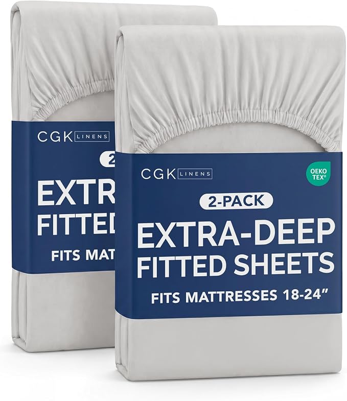 2 Pack Extra Deep Twin XL Fitted Sheets with Deep Pockets - French Grey | Hotel Luxury Bottom Fitted Sheets Only, Soft, Fade & Wrinkle Free, Breathable & Comfy, All Around Elastic Fitted Sheets