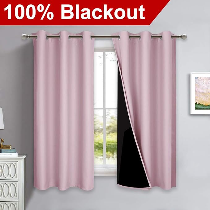NICETOWN 100% Blackout Short Curtains with Black Liners, 2 Panels, 37" W by 63" L, Baby Pink, Solid Thermal Insulated Full Blackout 2-Layer Lined Drapes, Energy Efficiency Window Draperies for Bedroom
