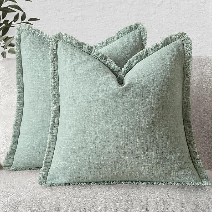 MIULEE Boho Linen Fringe Decorative Throw Pillow Covers Aqua Green 20x20 | Set of 2, Cottagecore Decor, Boho Farmhouse Neutral Pillow Covers, Rustic Couch Cushion Cases for Sofa Bed Living Room