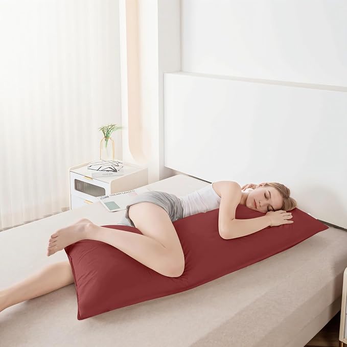 Goose Down Body Pillow for Adults, Burgundy, 20"x54" | Side Sleeper, Hugging Feather Insert, Cooling Full Length, 100% Organic Cotton Shell