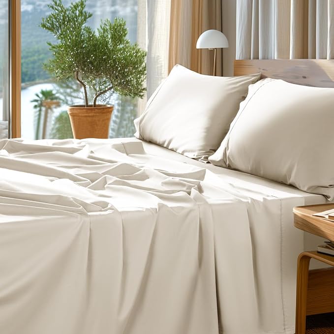 SONORO KATE 1000 Series 100% Egyptian Cotton King Sheet Set,4 Pieces | Soft,Breathable Long Staple,Sateen Weave,Luxury 5-Star Hotel Bed Sheets,16" Deep Pocket,Cream