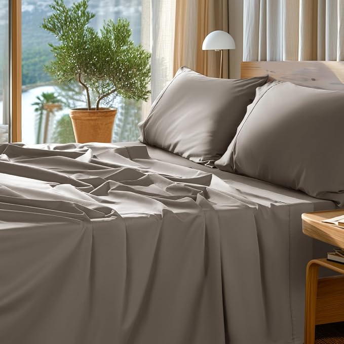 SONORO KATE 1000 Series 100% Egyptian Cotton King Sheet Set,4 Pieces | Soft,Breathable Long Staple,Sateen Weave,Luxury 5-Star Hotel Bed Sheets,16" Deep Pocket,Taupe