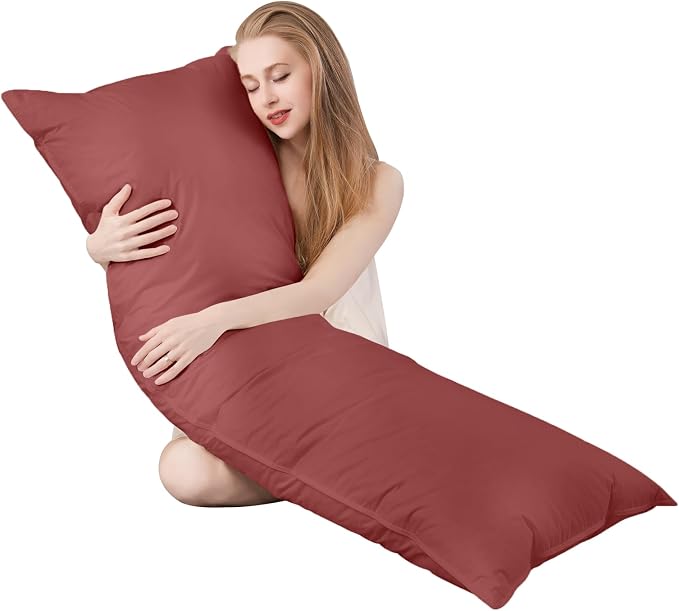 Goose Down Body Pillow for Adults, Burgundy, 20"x60" | Side Sleeper, Cooling Full Length, 100% Organic Cotton Shell, Feather Insert