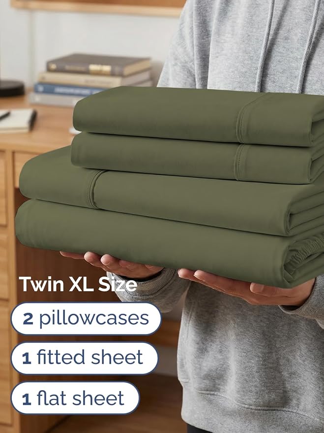 Extra Deep Twin XL Sheet Set - 4 Piece College Dorm Room - Sage Green | College Dorm Room Essentials, Easy & Secure Fit, Ultra-Soft, Wrinkle & Fade Free, Comfy Sheets Set with Extra Deep Pockets