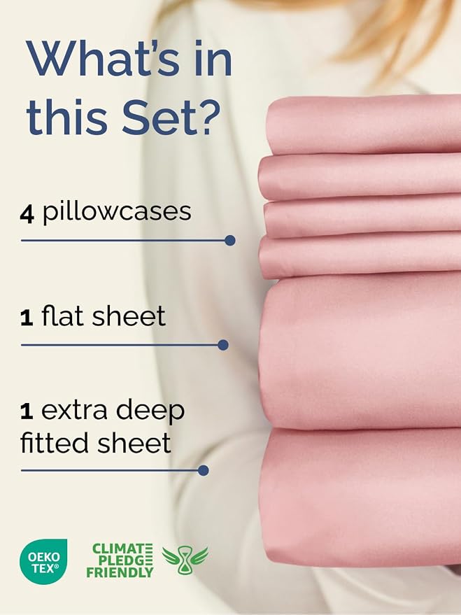 Extra Deep Queen Sheet Set - 6 Piece Breathable Cooling Sheets - Baby Pink | Hotel Luxury Bed Sheets Set, Easy & Secure Fit, Ultra-Soft, Wrinkle & Fade Free, Comfy Sheets Set with Extra Deep Pockets
