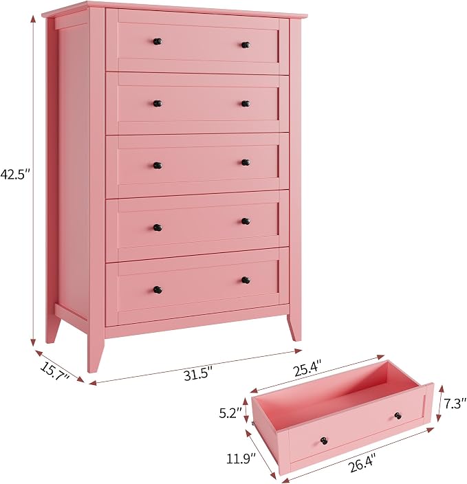 Garvee 5 Drawer Dresser for Bedroom, Modern Tall Chest of Drawers with Metal Knobs, Wooden Clothes Storage Organizer for Closet, Nursery, Living Room, Apartment, Pink | Lacquered Finish, Metal Knobs, Clothes Storage Organizer for Closet, Nursery, Livin...